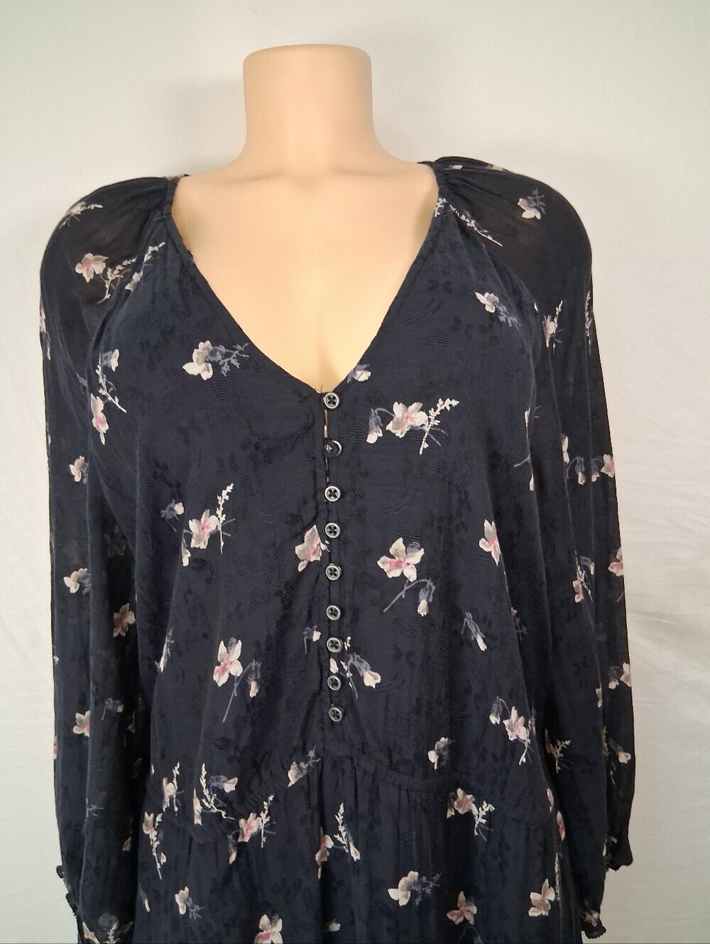 Joie Black Floral Button-Front Long Sleeve Boho spring Midi Dress Size L - Picture 17 of 17